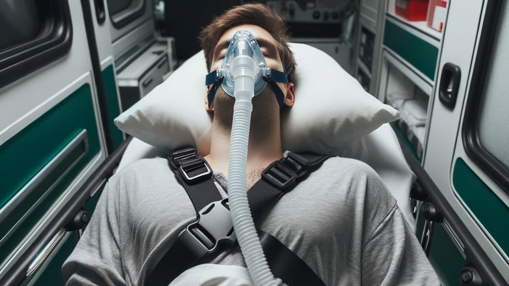 CPAP-maski potilaalla, joka makaa ambulanssin paareilla.